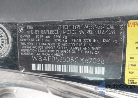 2008 BMW 650I из США, поврежденный, VIN WBAEB53508CX62028